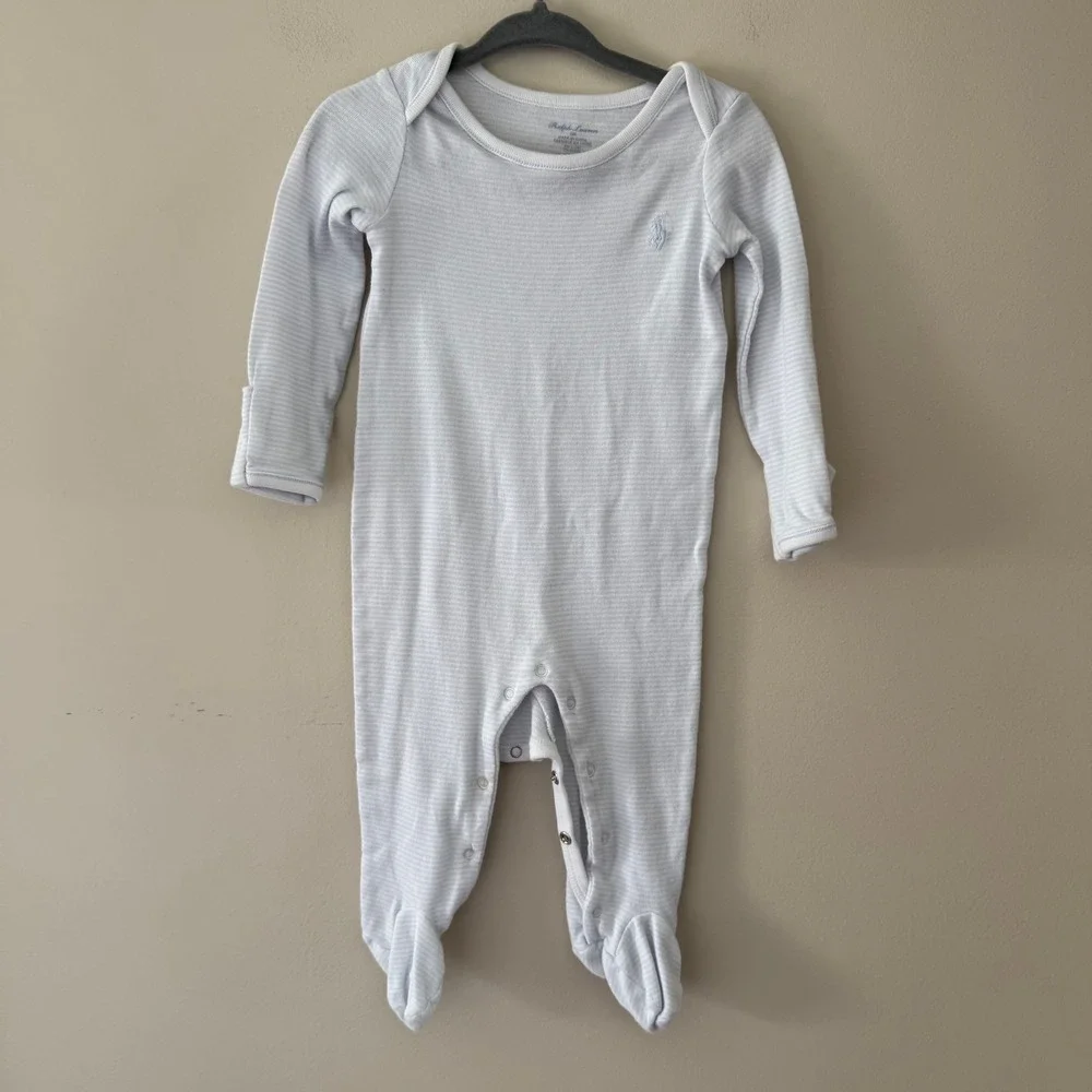 Ralph Lauren Baby Boy Blue White Striped Footed Sleeper Coverall 6M Pony Logo